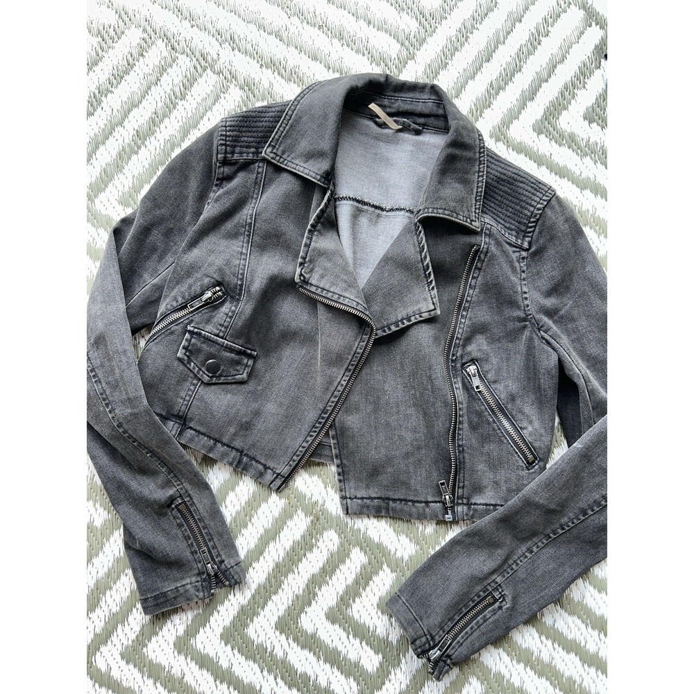 FREE PEOPLE Cropped Moto Jean Jacket Faded Black Crop Sz Small - Picture 2 of 8